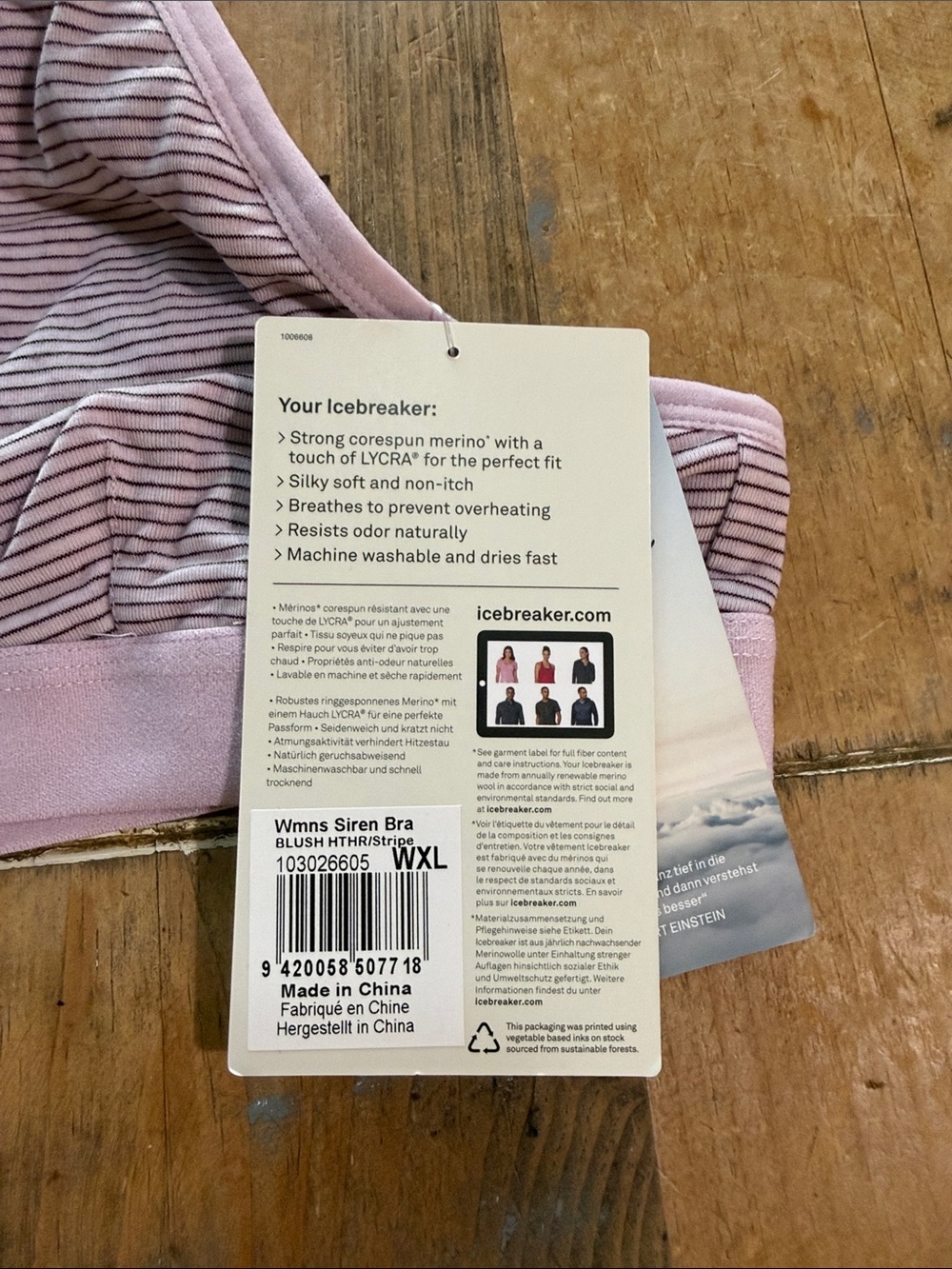 Icebreaker Merino 150 Siren Bra - Striped Pink/Grey - Size XL - Picture 3 of 4